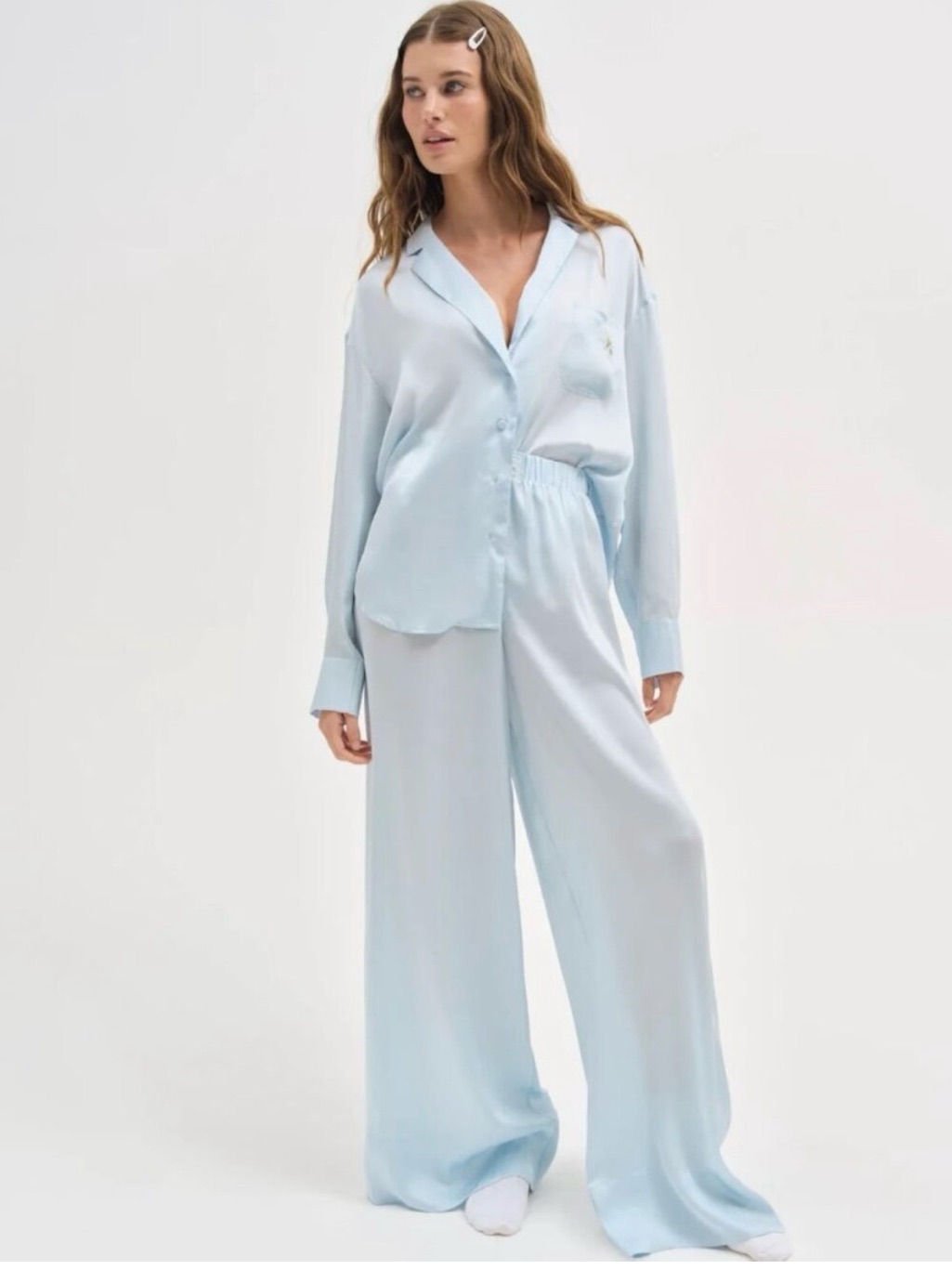 For Love & Lemon Light Blue Satin Intimacy Pajama Pants Relaxed Wide Leg Pants